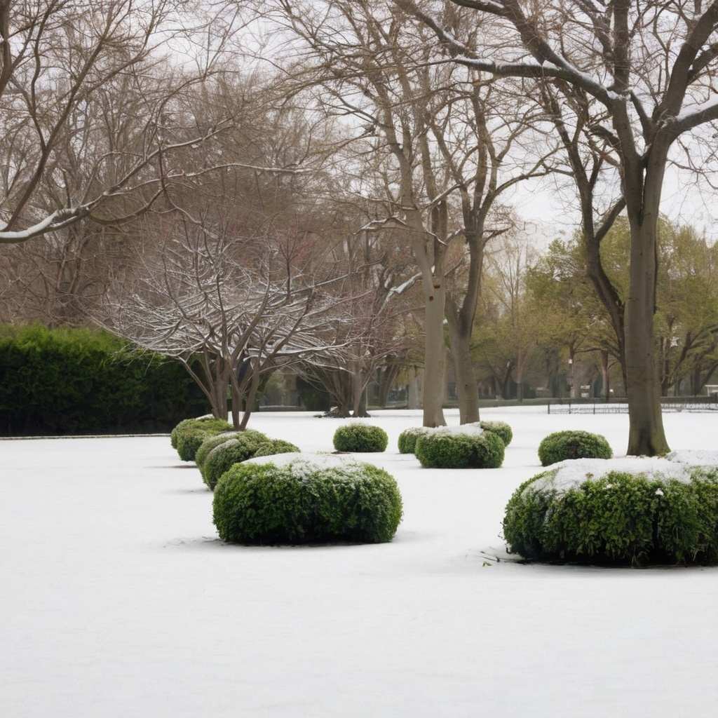 A winter park scene with freshly pruned shrubs